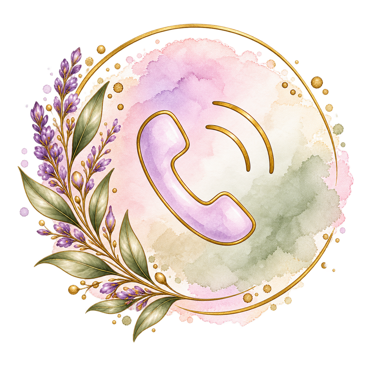 Watercolor phone icon with gold circle frame, purple lavender, and green olive leaves on soft background.