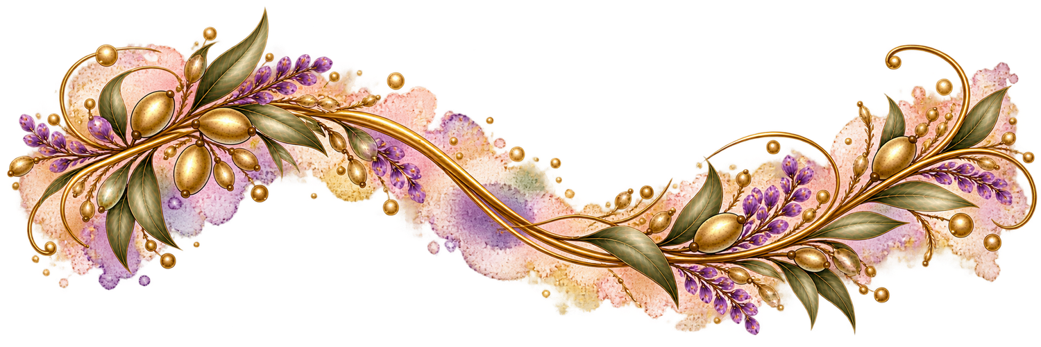 Elegant gold floral swirl border with purple lavender blooms and green leaves on a soft watercolor background.