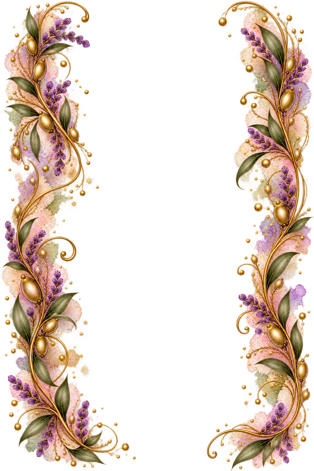 Elegant floral border with purple lavender, green leaves, gold swirls, and pearl accents on a white background.