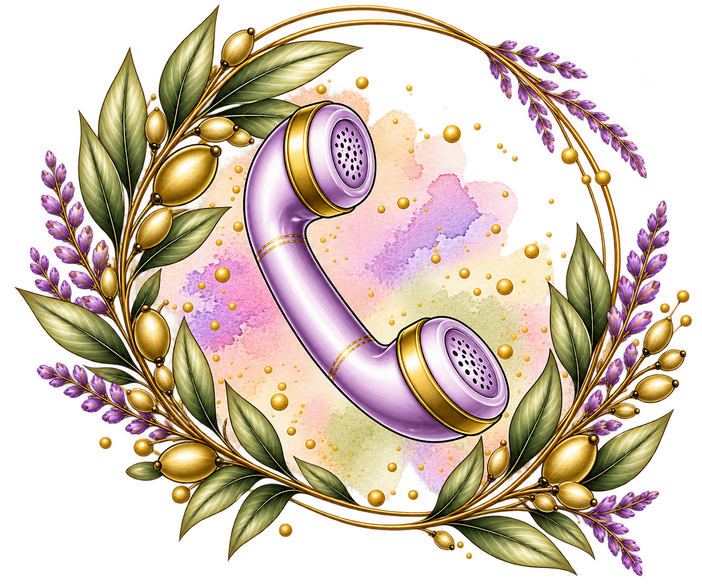 Olive Tree Photography contact icon featuring a purple vintage telephone handset surrounded by gold olive branch wreath.
