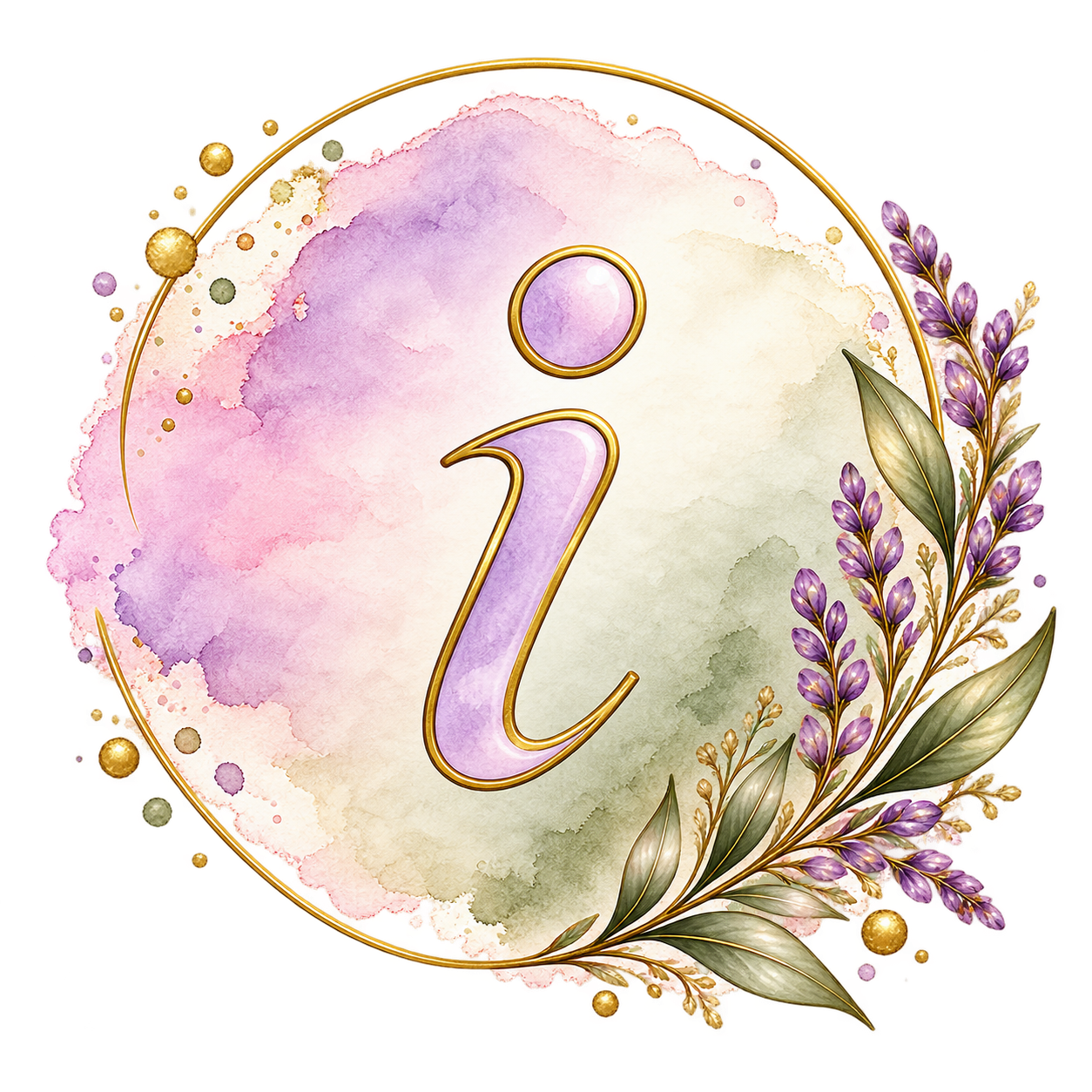 Watercolor info icon with gold letter i, lavender flowers, and olive leaves in purple and green tones.