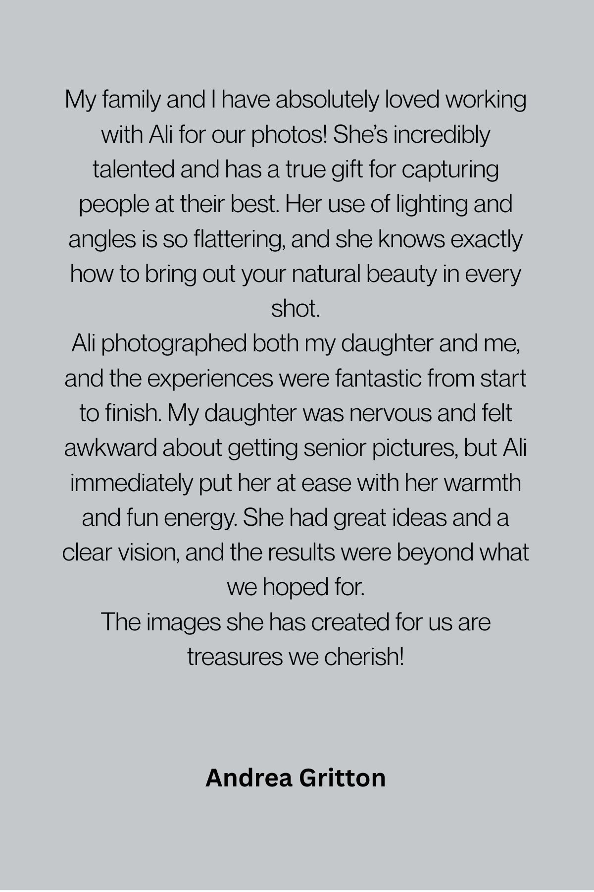 A customer testimonial on grey background praising a photographer's work with families and capturing natural moments.