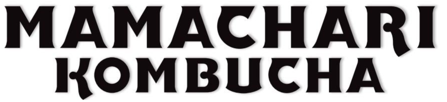 Black text logo for Mamachari Kombucha with bold stylized lettering on white background.