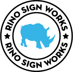 A collection of oval black and white logo designs featuring silhouettes of rhinos and text displayed in a row.