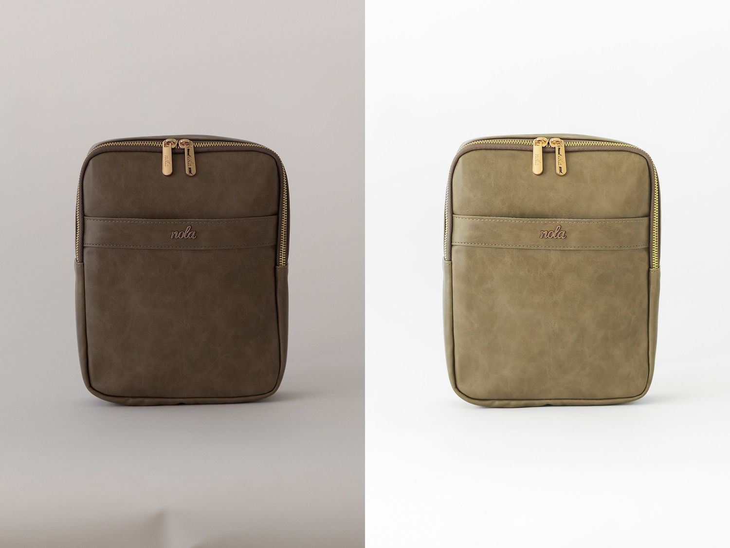 Vintage leather clutch bag shown from multiple angles displaying brown and beige color variations and brass hardware details.