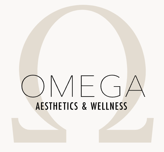 Three monochromatic Omega logos shown in beige tones with 'Aesthetics & Wellness' text underneath.