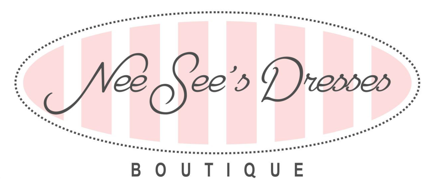 A pink and white striped oval logo design for Nee See's Drawers Boutique with elegant cursive text.