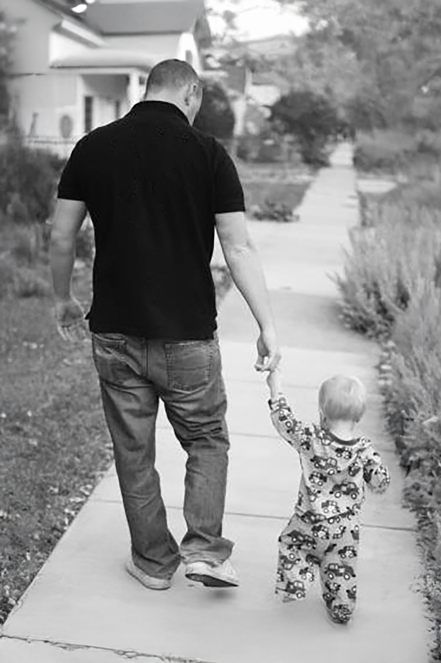 Black and white photo sequence showing someone walking on a sidewalk with a small companion in a floral outfit.