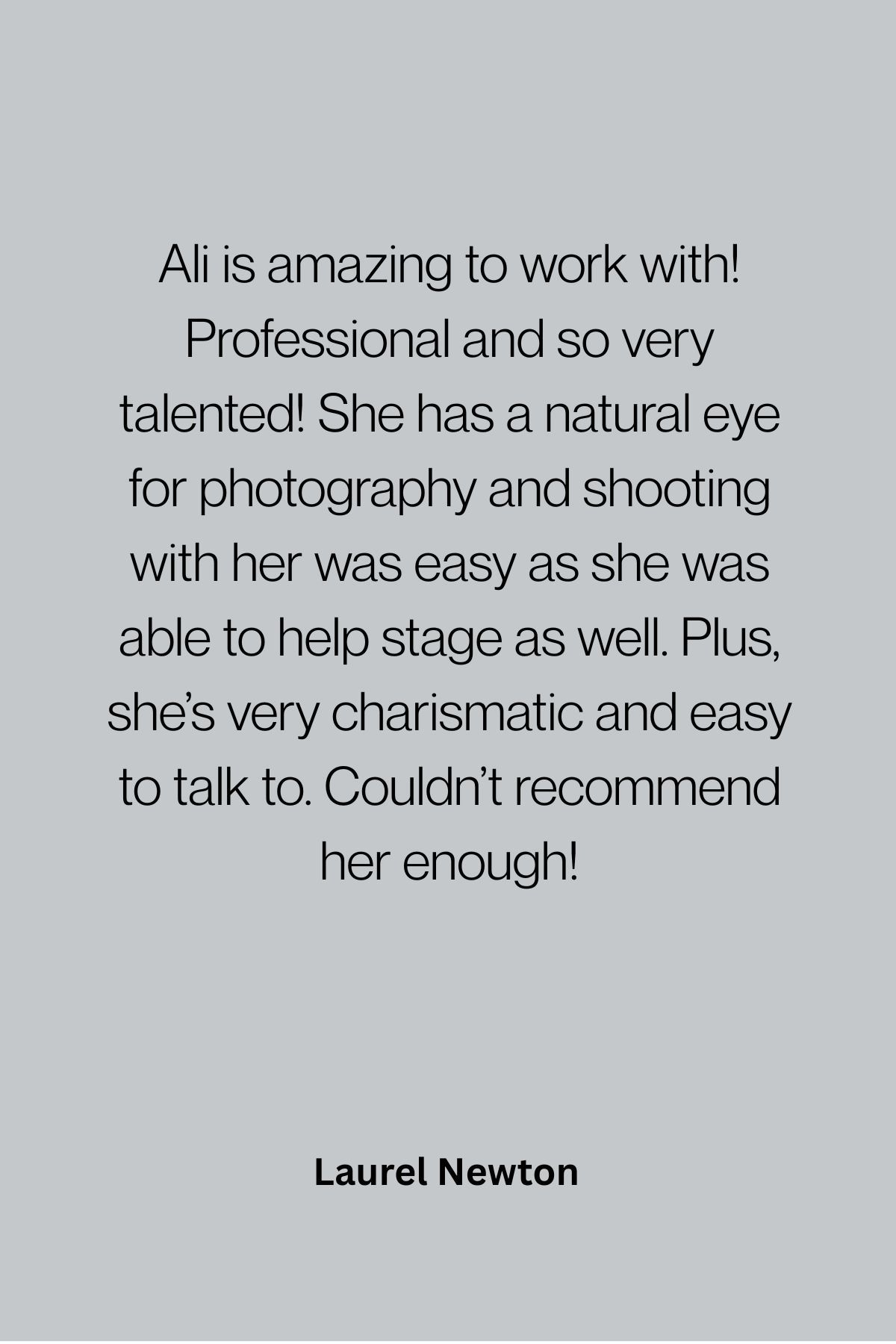 A glowing testimonial review on a gray background praising professional photography services and communication skills.