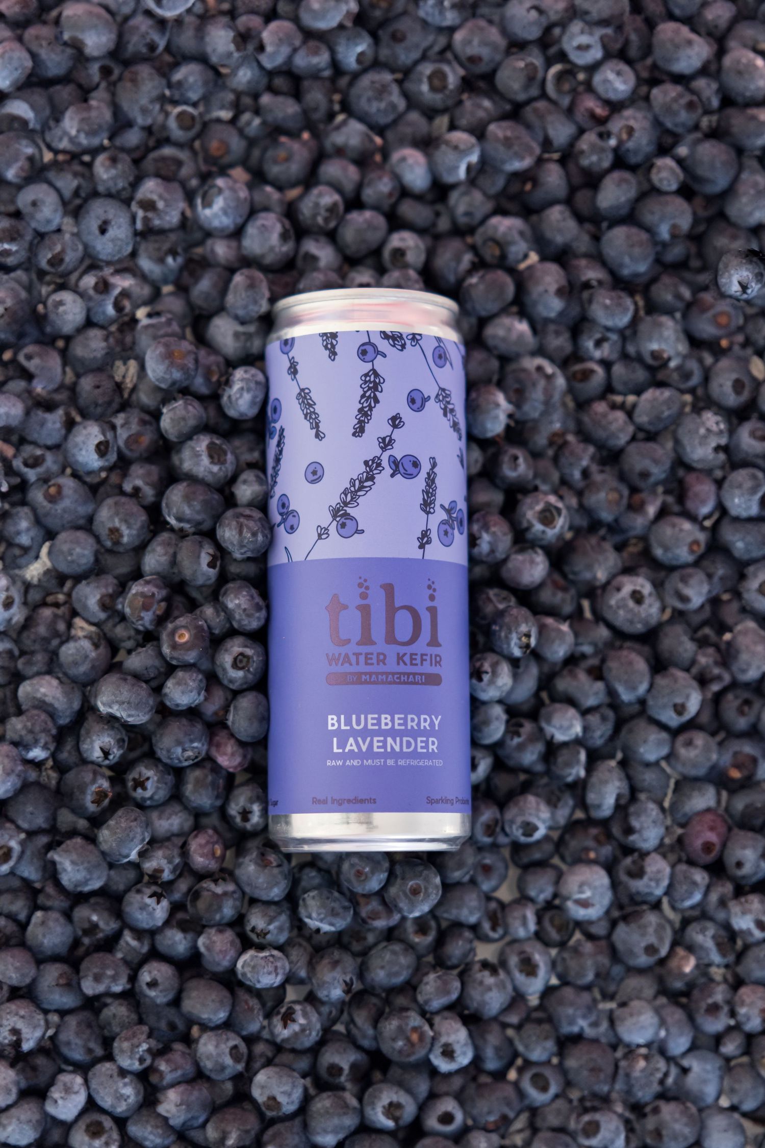 Can of Tibi blueberry lavender water kefir beverage placed on a bed of fresh blueberries.
