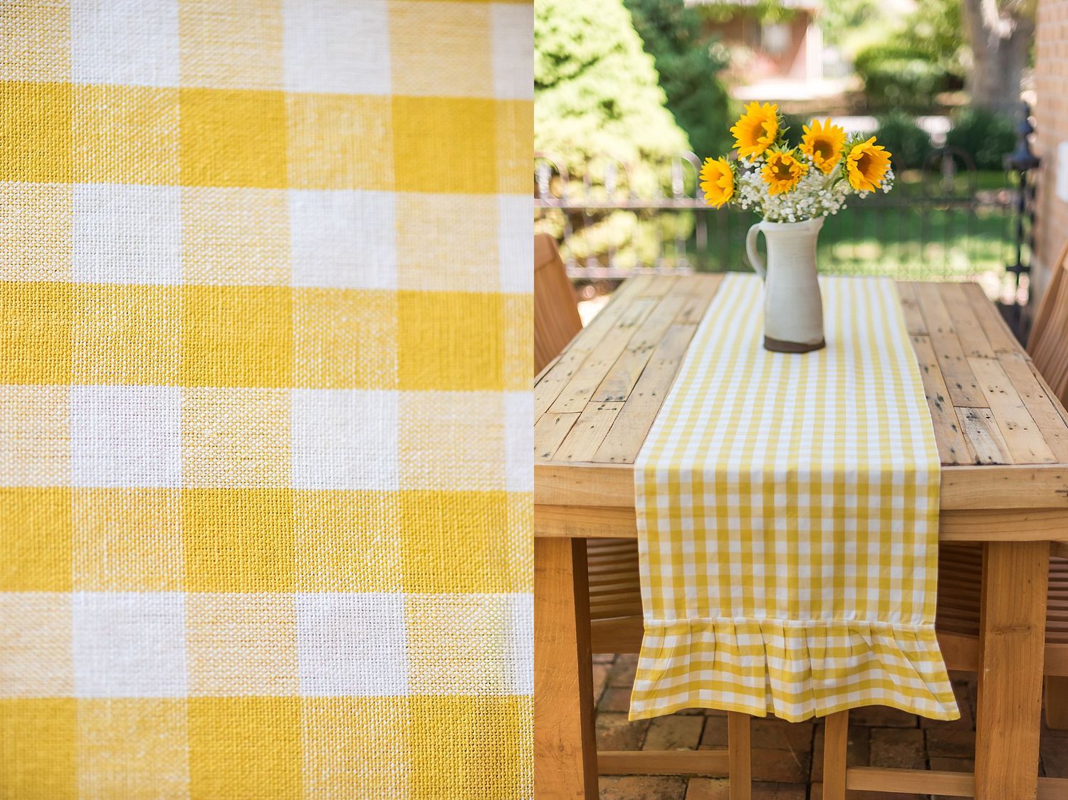 Yellow and white checkered tablecloth on outdoor wooden table with sunflowers in golden sunlight.