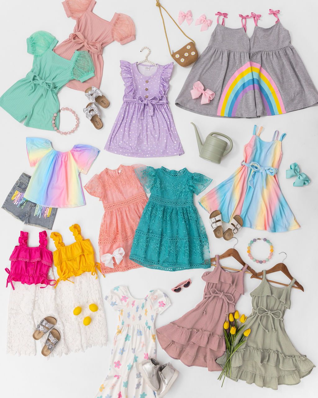 A flat lay of colorful children's dresses and accessories including sandals, baskets, and floral prints in pastel tones.