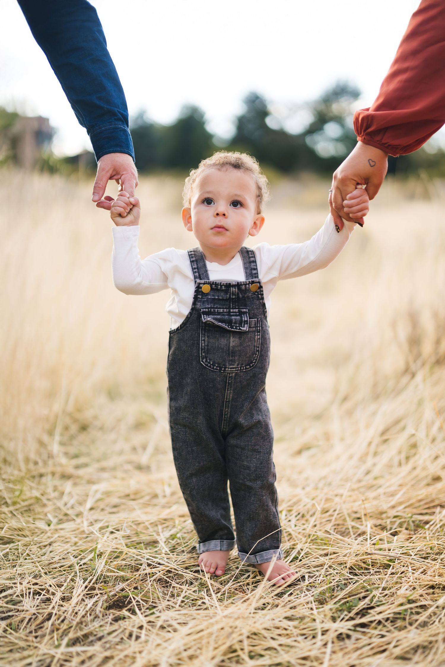 Small child in denim overalls holds parent's hands in tall grass field during family portraits