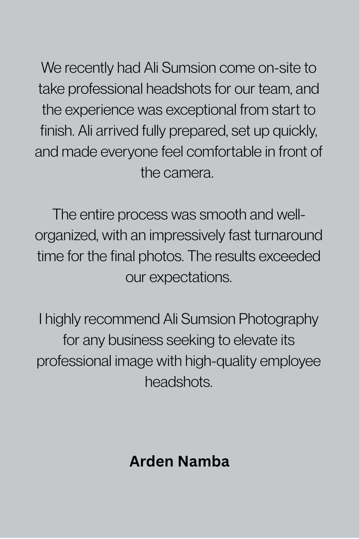 A positive testimonial review for Ali Sumsion Photography services displayed on a gray background.