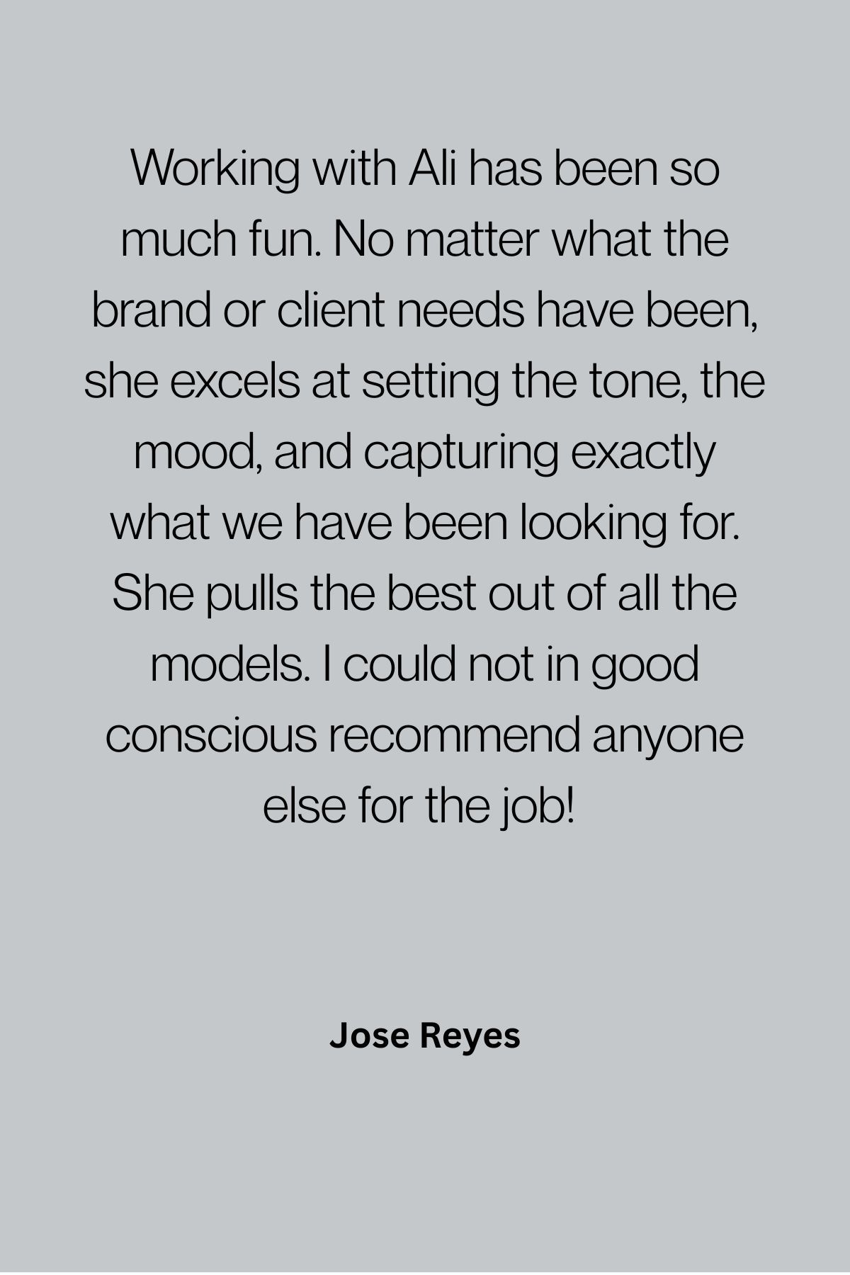A testimonial review text on a gray background praising someone's professional photography and modeling direction skills.