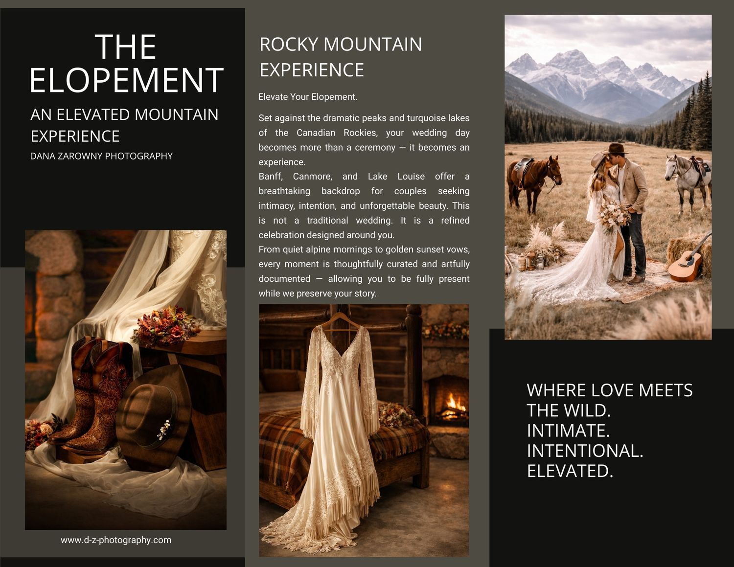 Mountain elopement photography marketing materials showcasing outdoor wedding scenes.