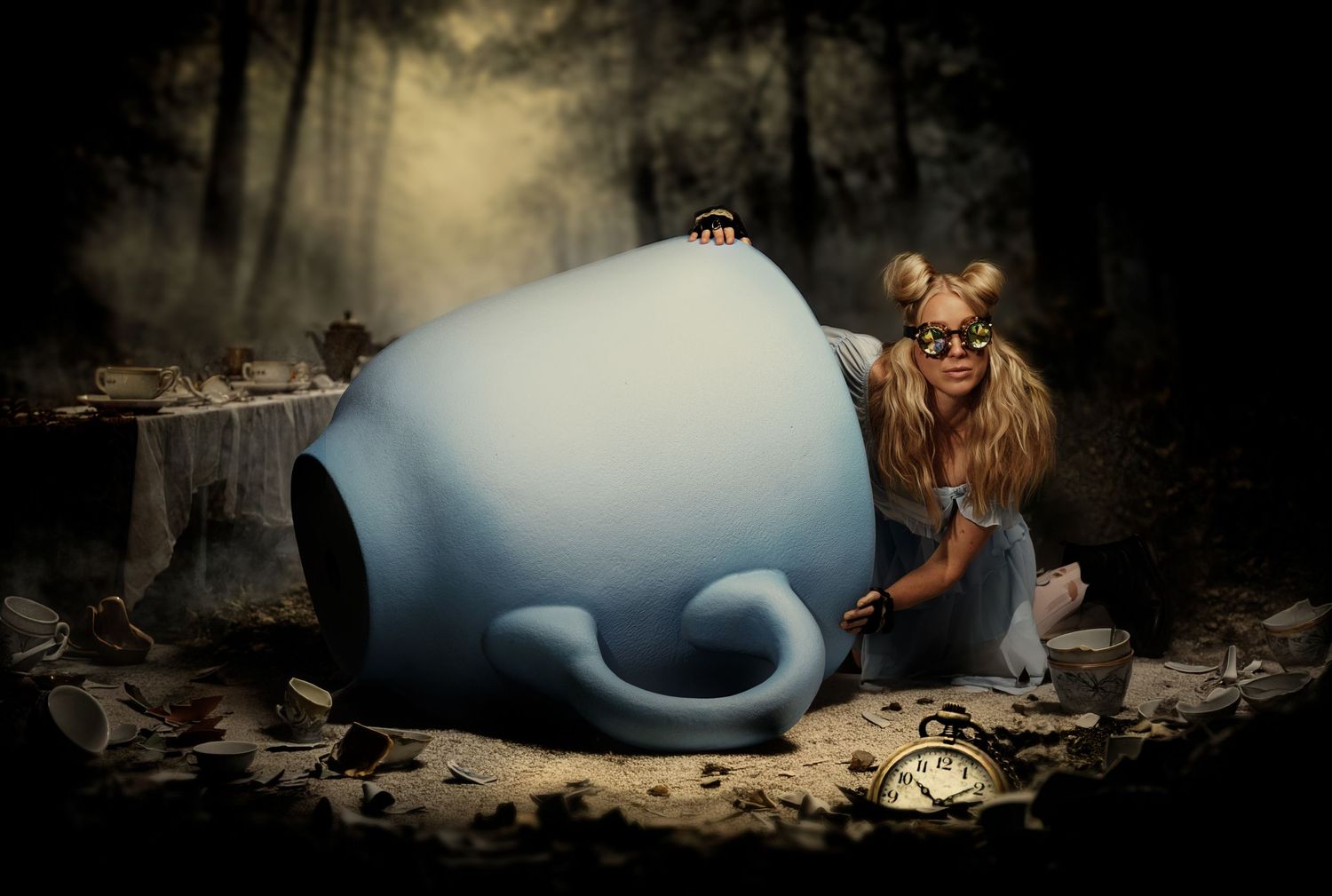 Dark moody forest scene with a blue sleeping figure and small animal companions.