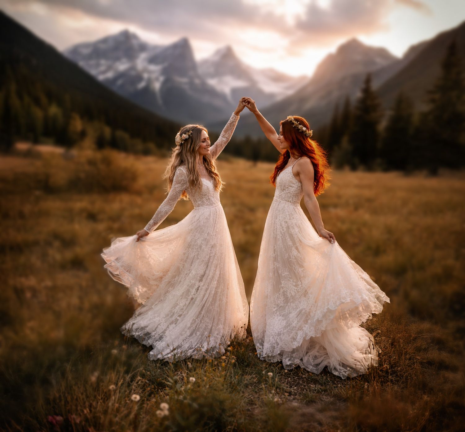 Two people in white lace dresses dance in a mountain field at golden hour.
