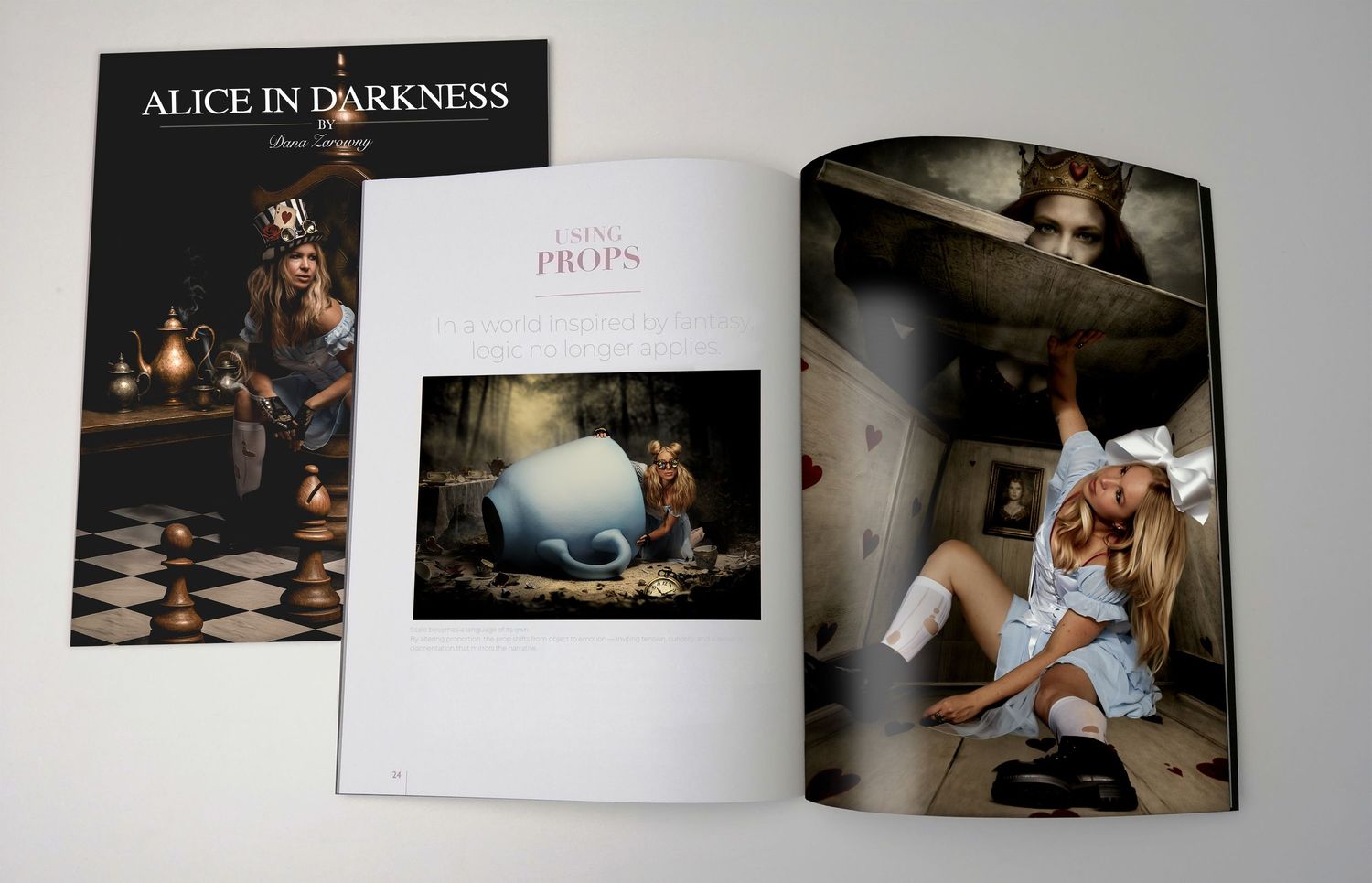 A collection of photo album pages showing Alice in Wonderland themed artistic photographs.