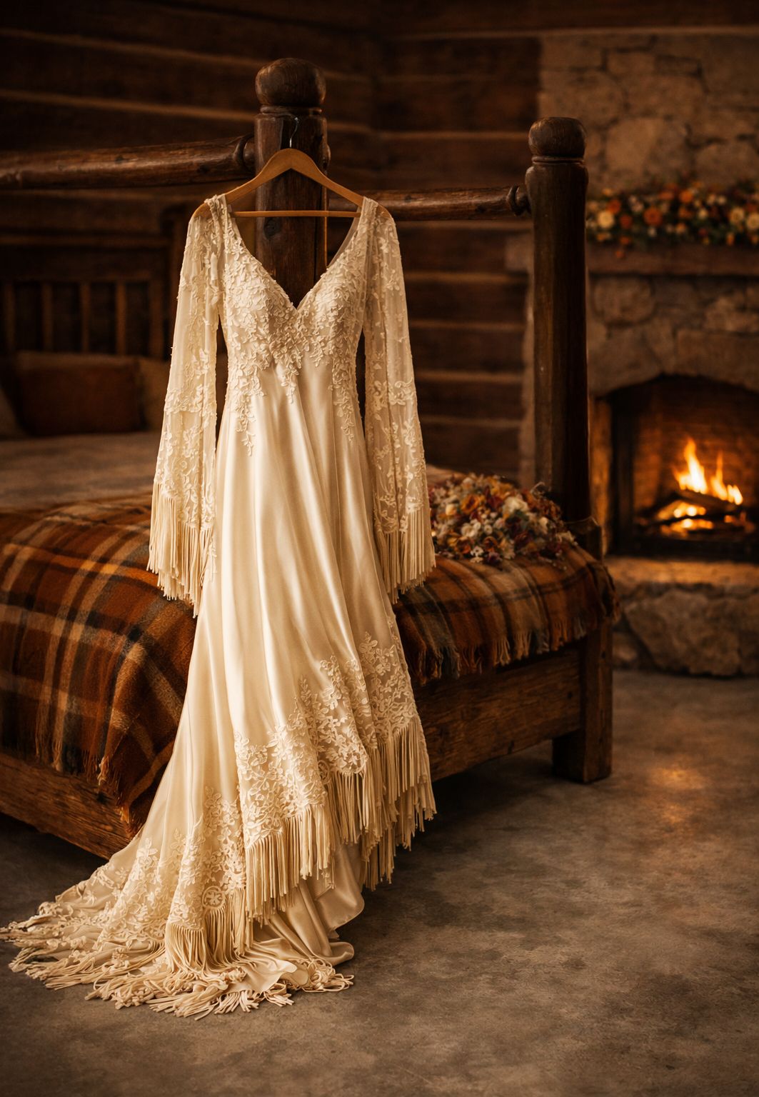 A bohemian lace wedding dress hanging in a rustic cabin with a stone fireplace.