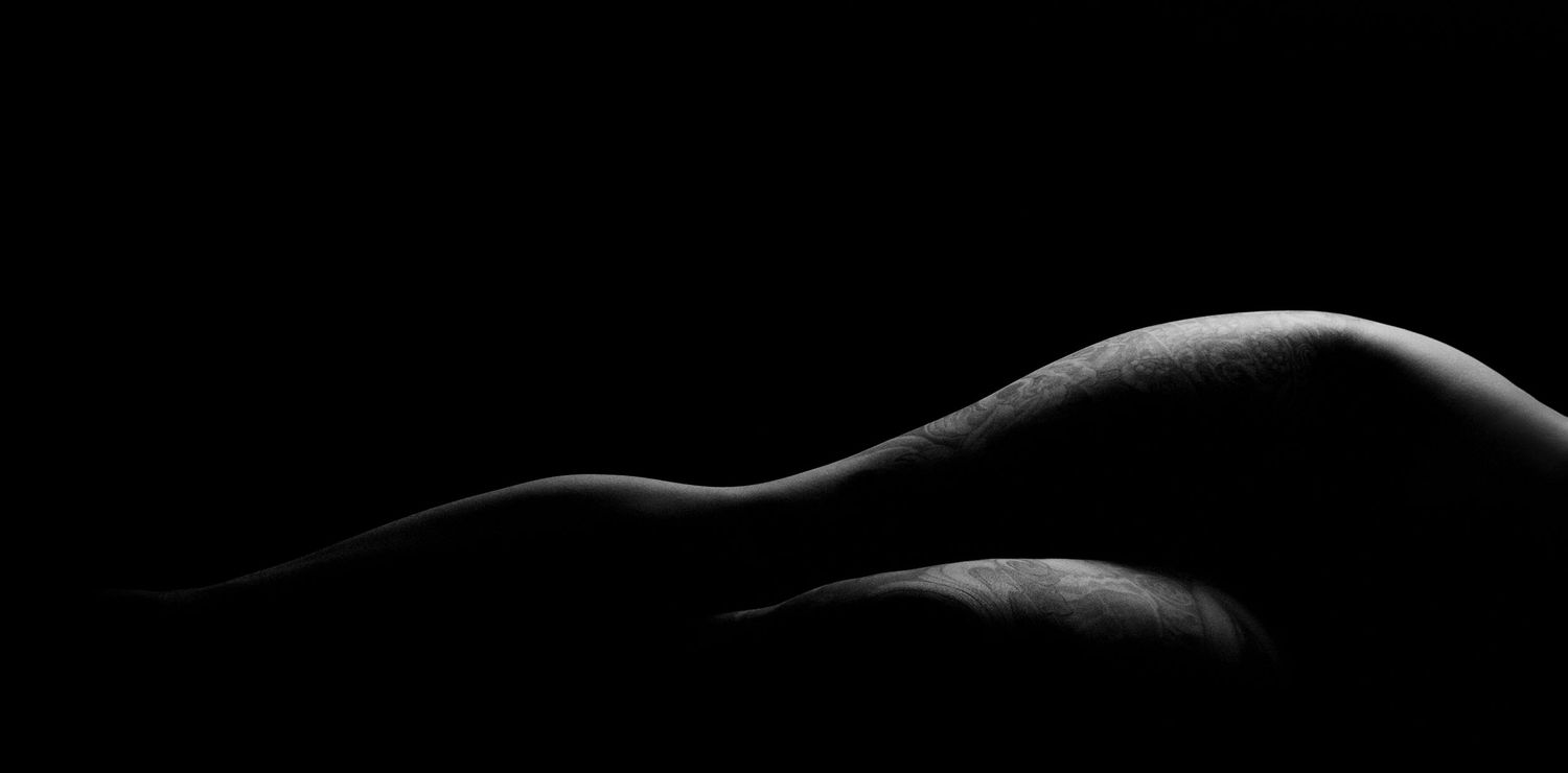 Artistic black and white bodyscape photograph highlighting elegant curves and contours of the human form against dark background.