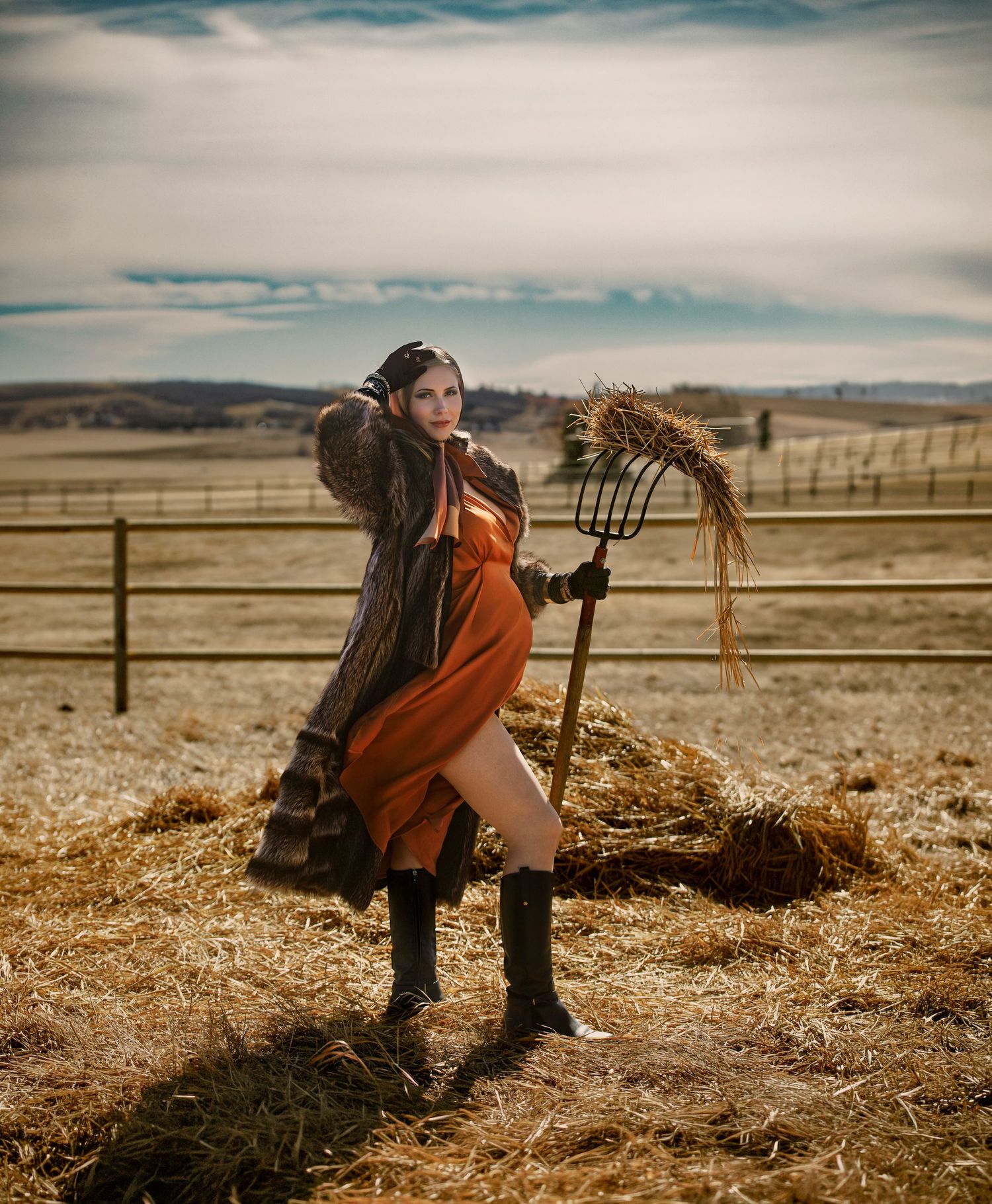 A person in an orange shirt works on a ranch, moving hay bales in a sequence of progressive action shots.