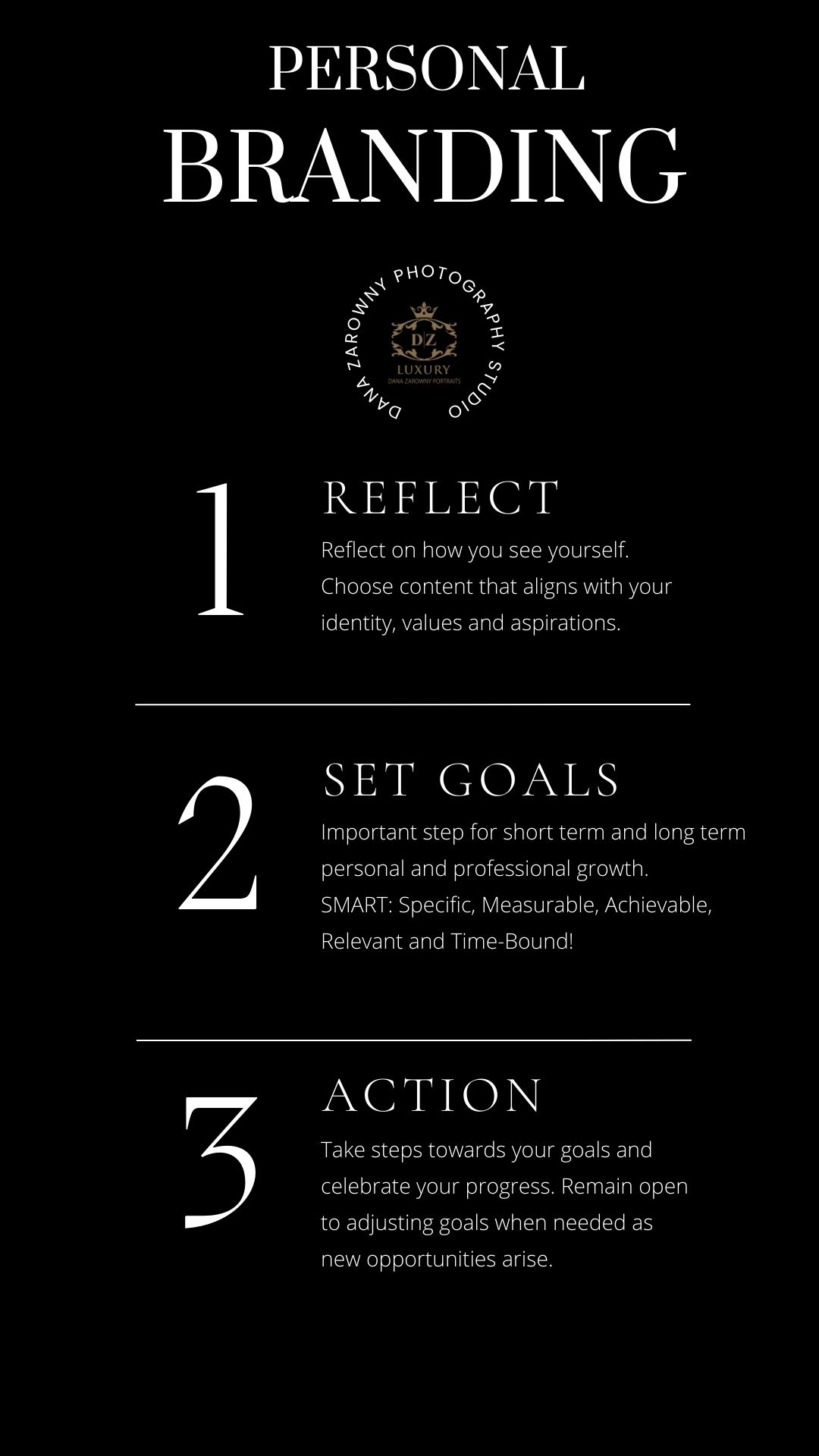 Black and white text layout explaining personal branding steps and reflection.
