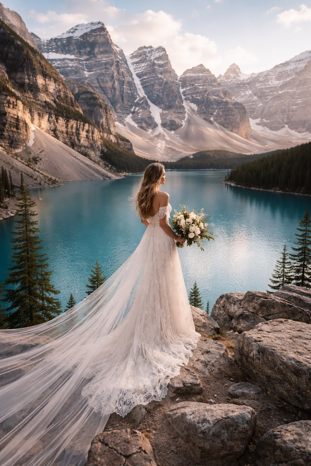 A white wedding dress with long train flows dramatically against mountain lake scenery.