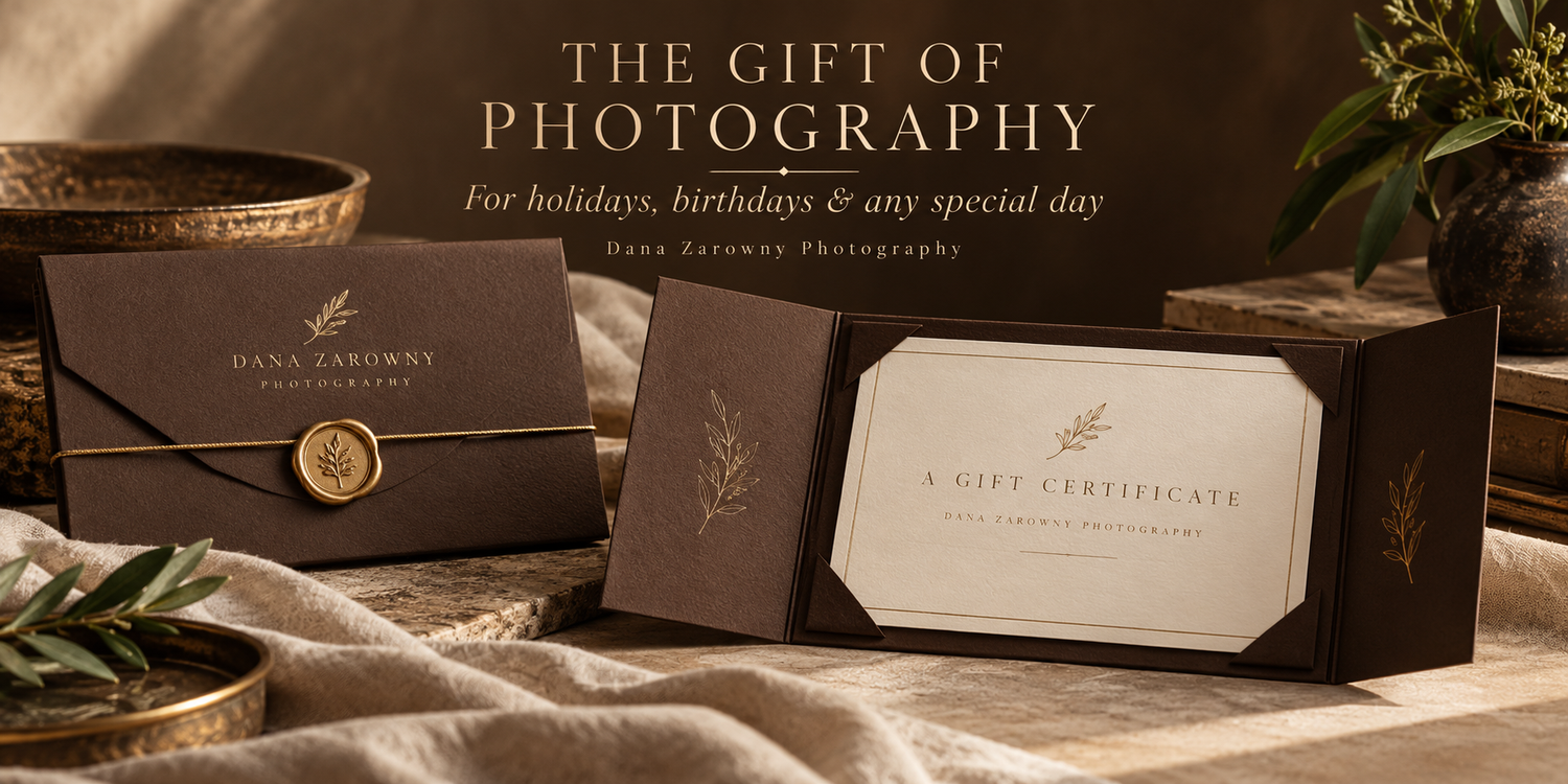 Elegant brown photography gift certificate folder with a gold wax seal, shown beside the text The Gift of Photography for any special day.