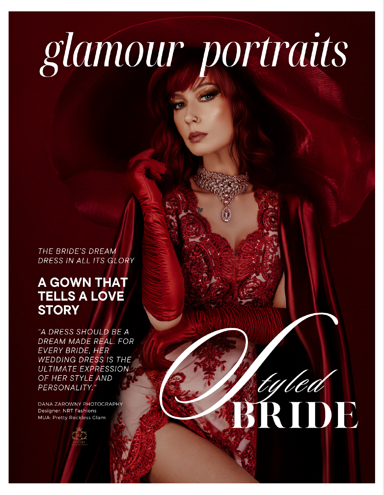 Elegant red glamour portrait photography branding with script text and luxury design elements.