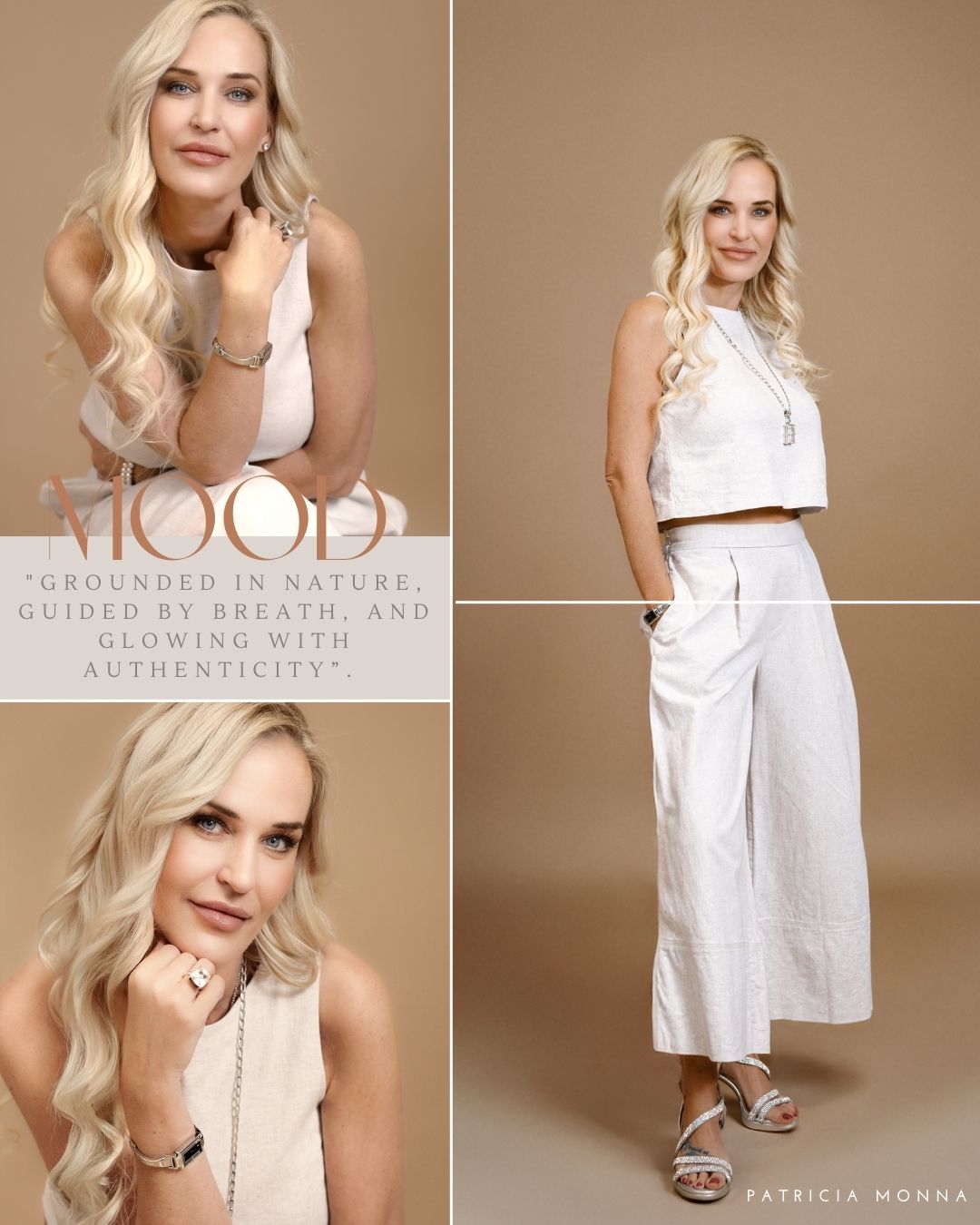 Fashion collage featuring all-white ensemble with crop top and wide-leg pants against neutral background.