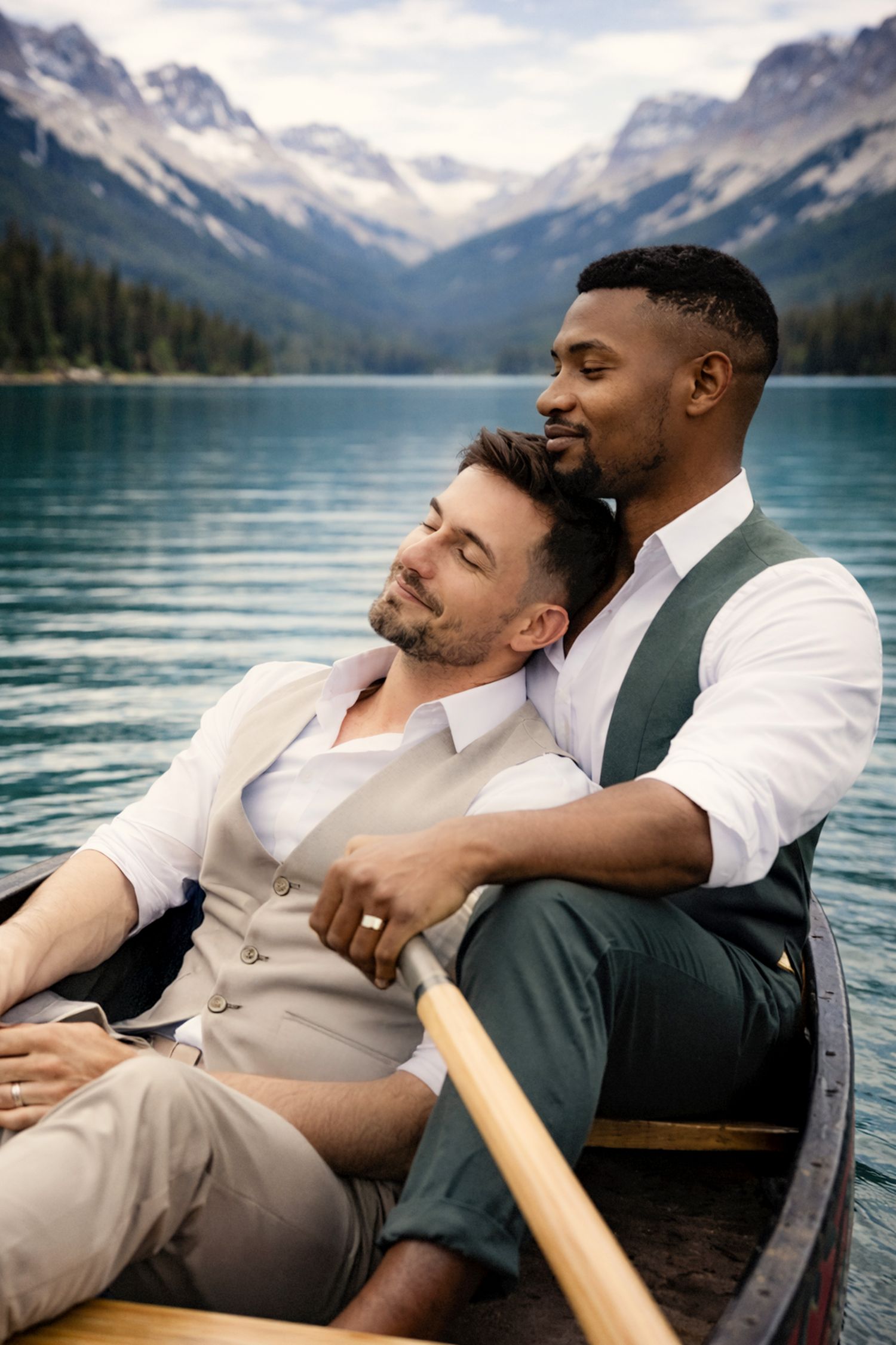 Romantic moment in canoe with mountain landscape backdrop.