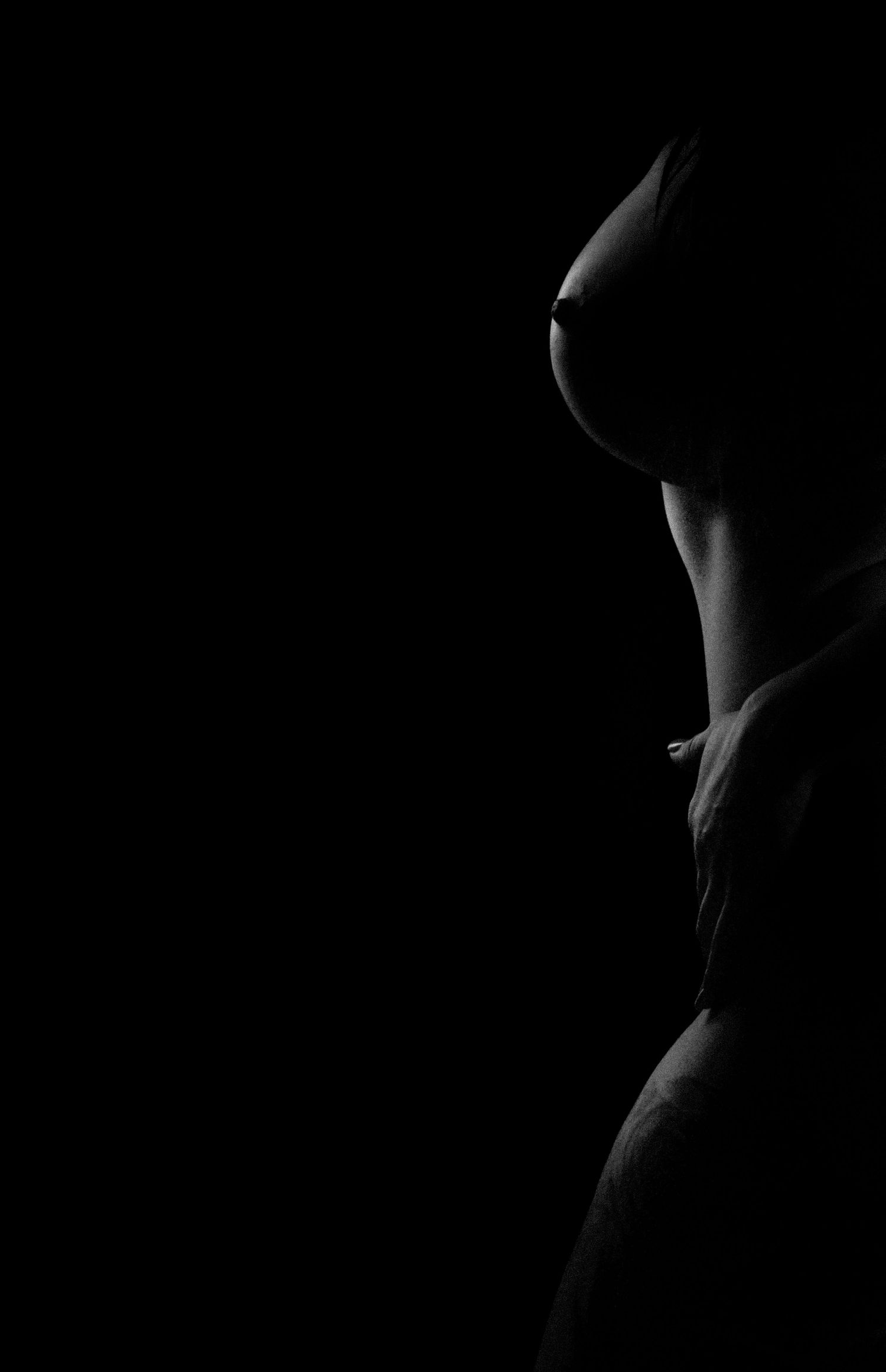 Black and white artistic silhouette photograph of a female torso against a dark background.