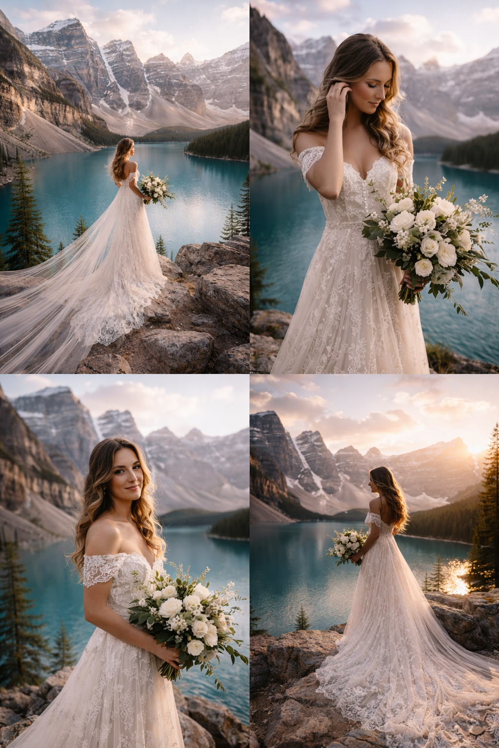 A bride in a flowing lace dress poses against a backdrop of mountains and turquoise lake.