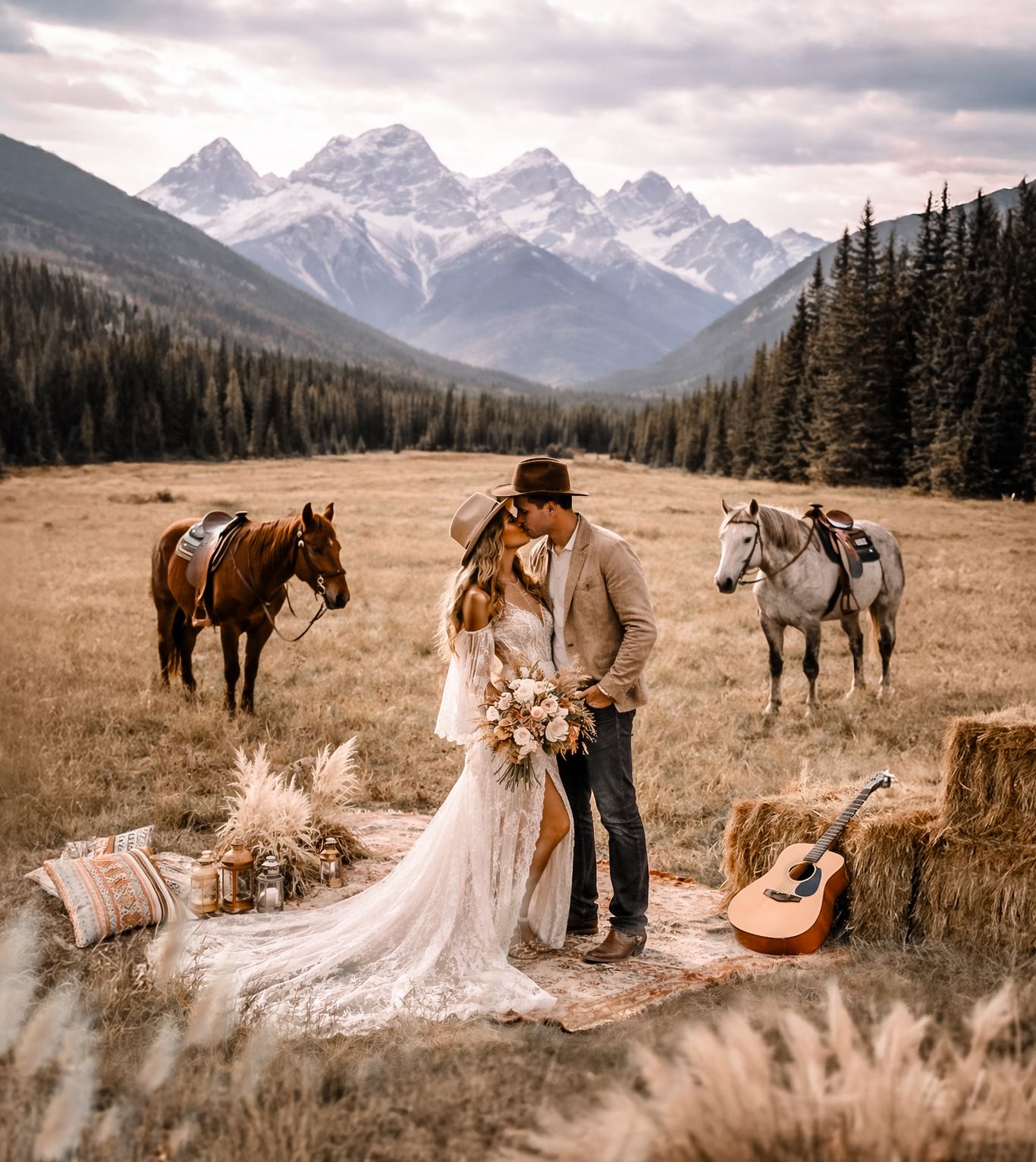 A romantic mountain elopement scene with horses and guitar against a dramatic mountain landscape at sunset.