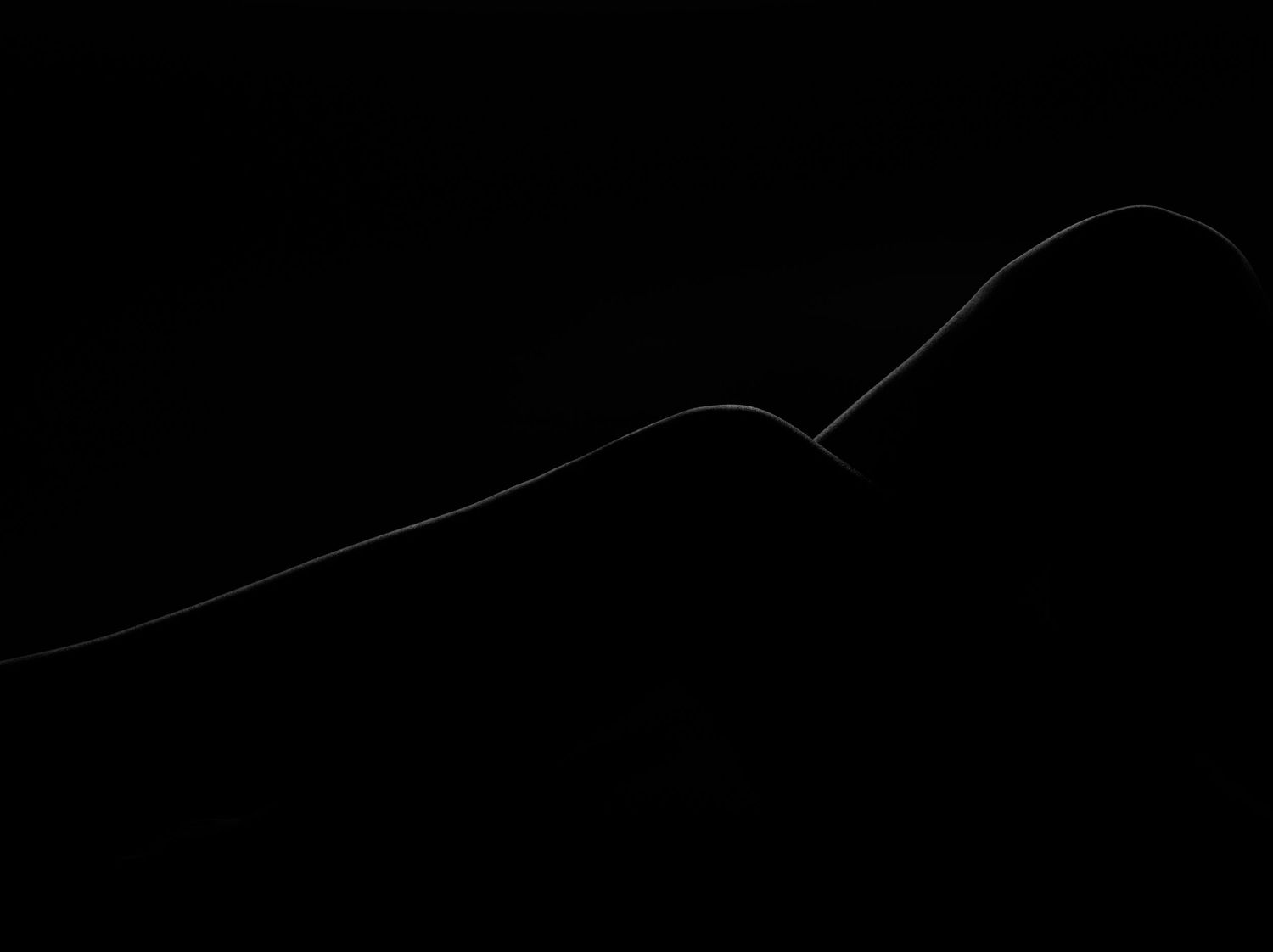 Abstract dark landscape silhouette with a glowing white curved line against a black background.