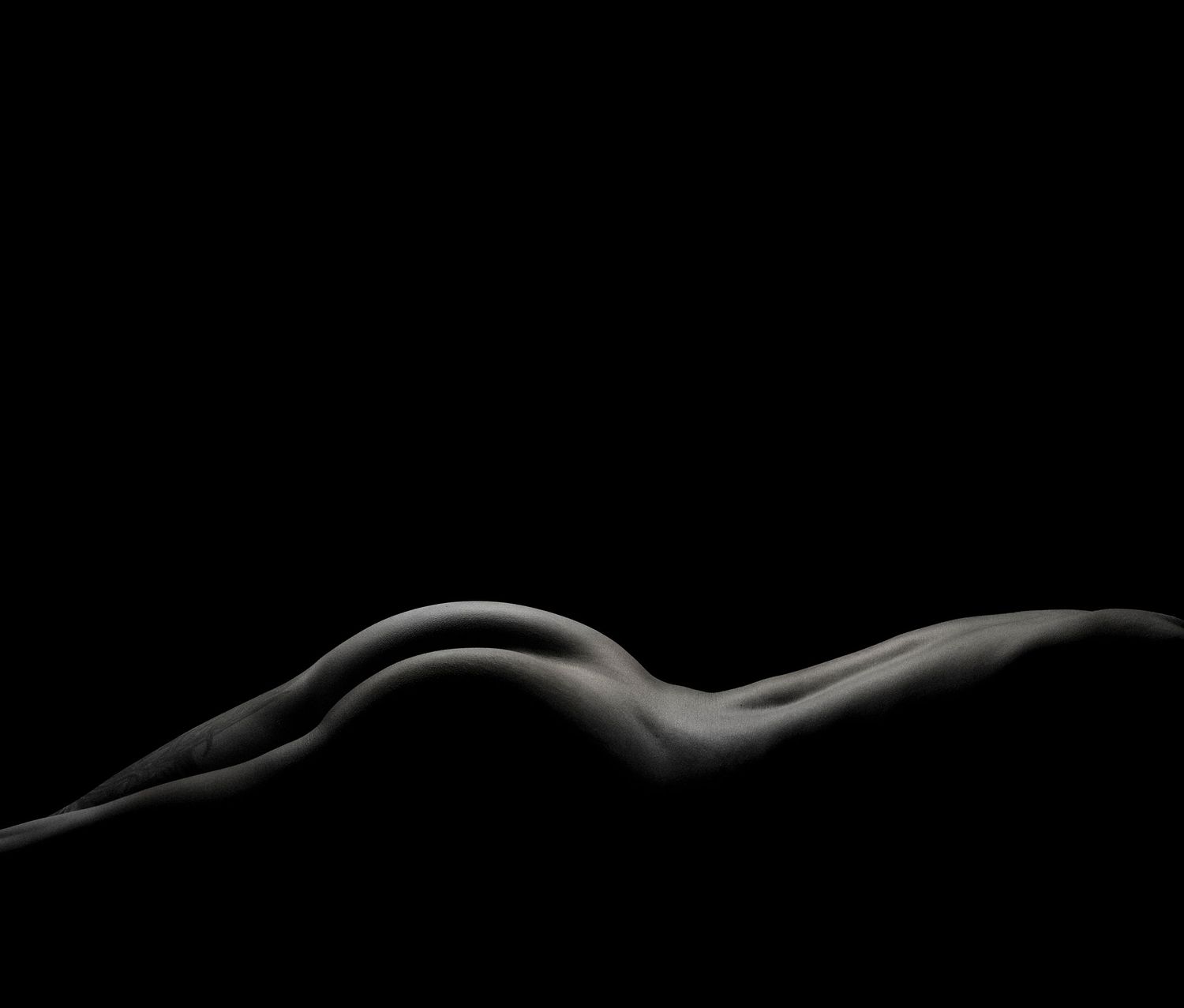 Black and white fine art nude photograph showcasing elegant body curves against a dark background.