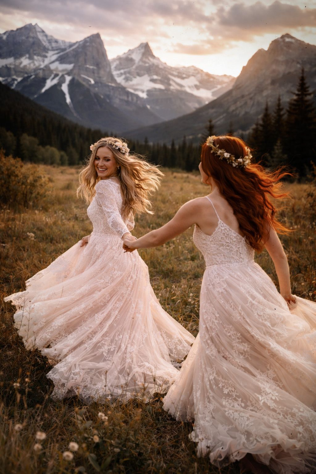 Two people in white lace dresses twirl together in a mountain meadow at sunset.