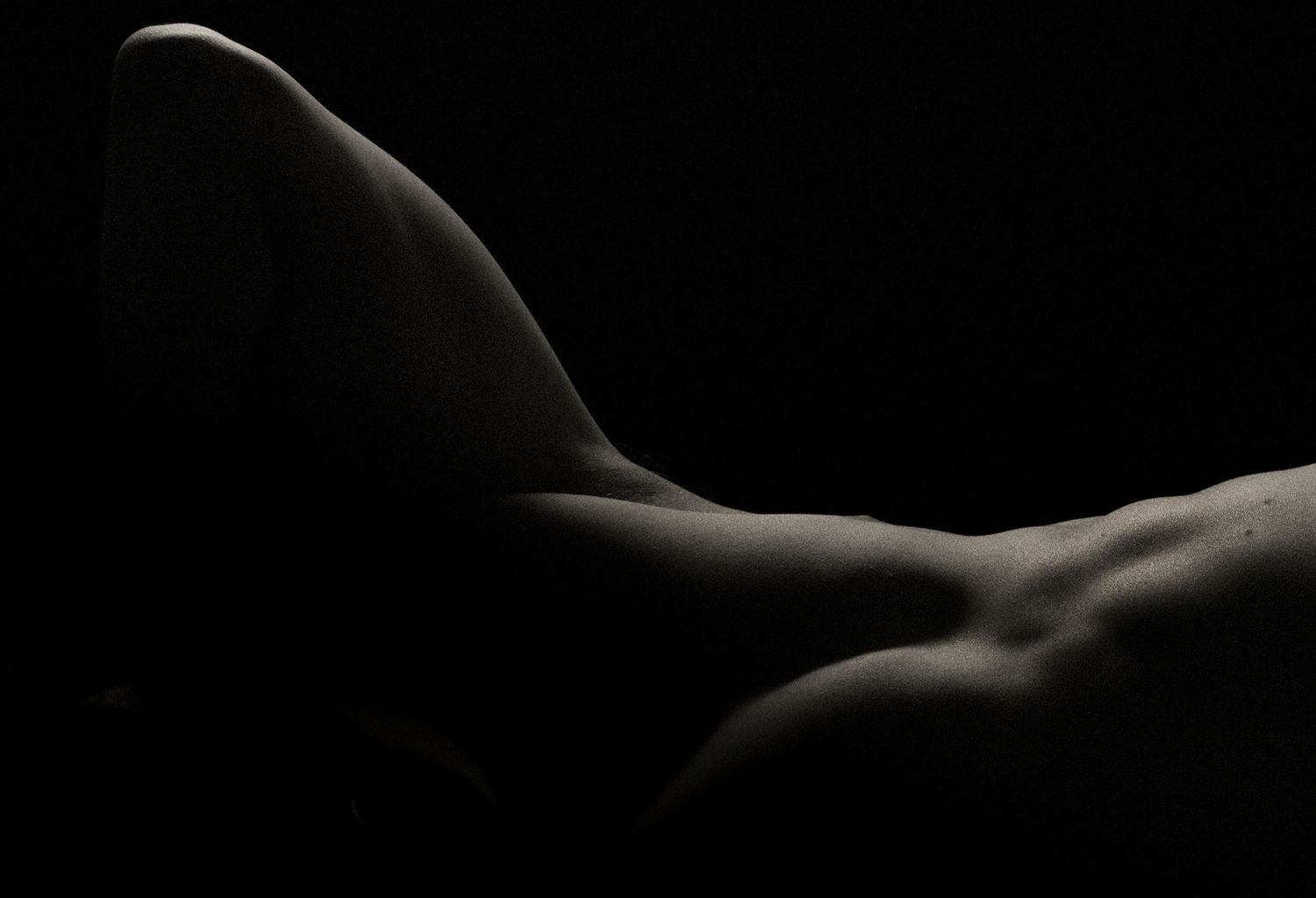 Dramatic low-key artistic nude photography showcasing the human body's curves with chiaroscuro lighting against a dark background.