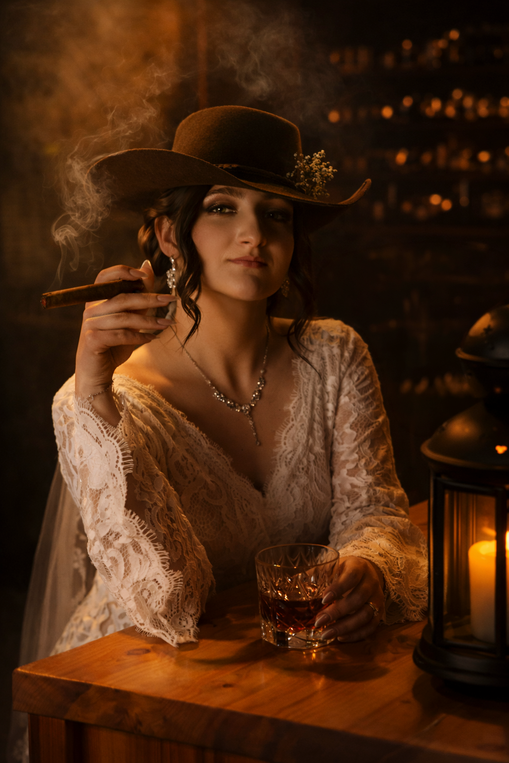 A woman in a cowboy hat and lace dress holds a cigar and whiskey glass by candlelight.
