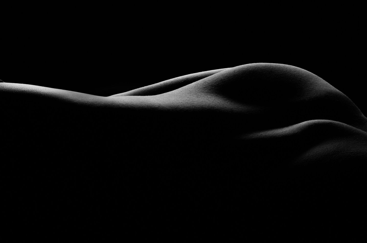 Black and white fine art nude bodyscape photograph highlighting elegant curves and contours against a dark background.
