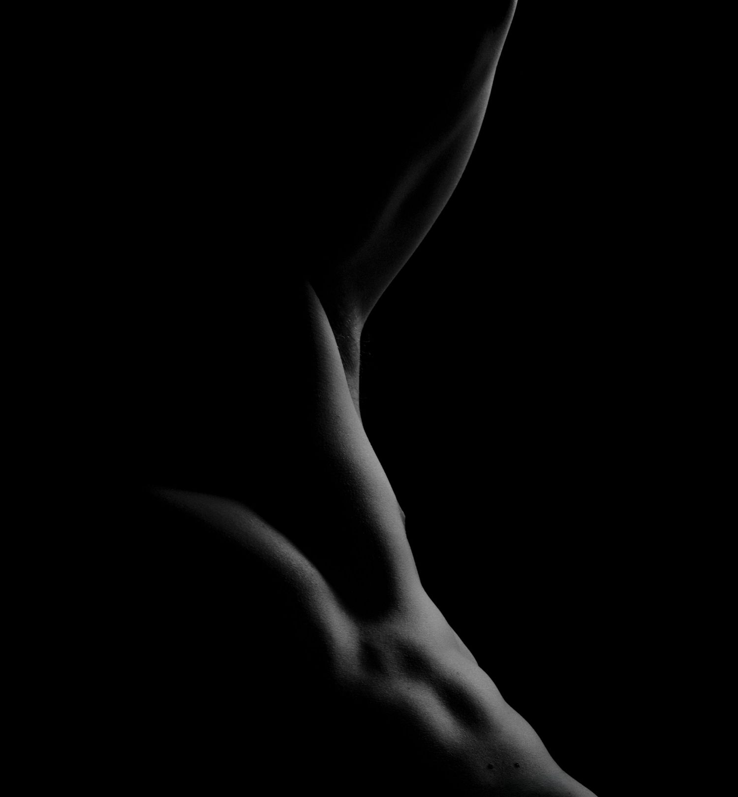 Black and white fine art nude photography with dramatic lighting highlighting body curves against dark background.