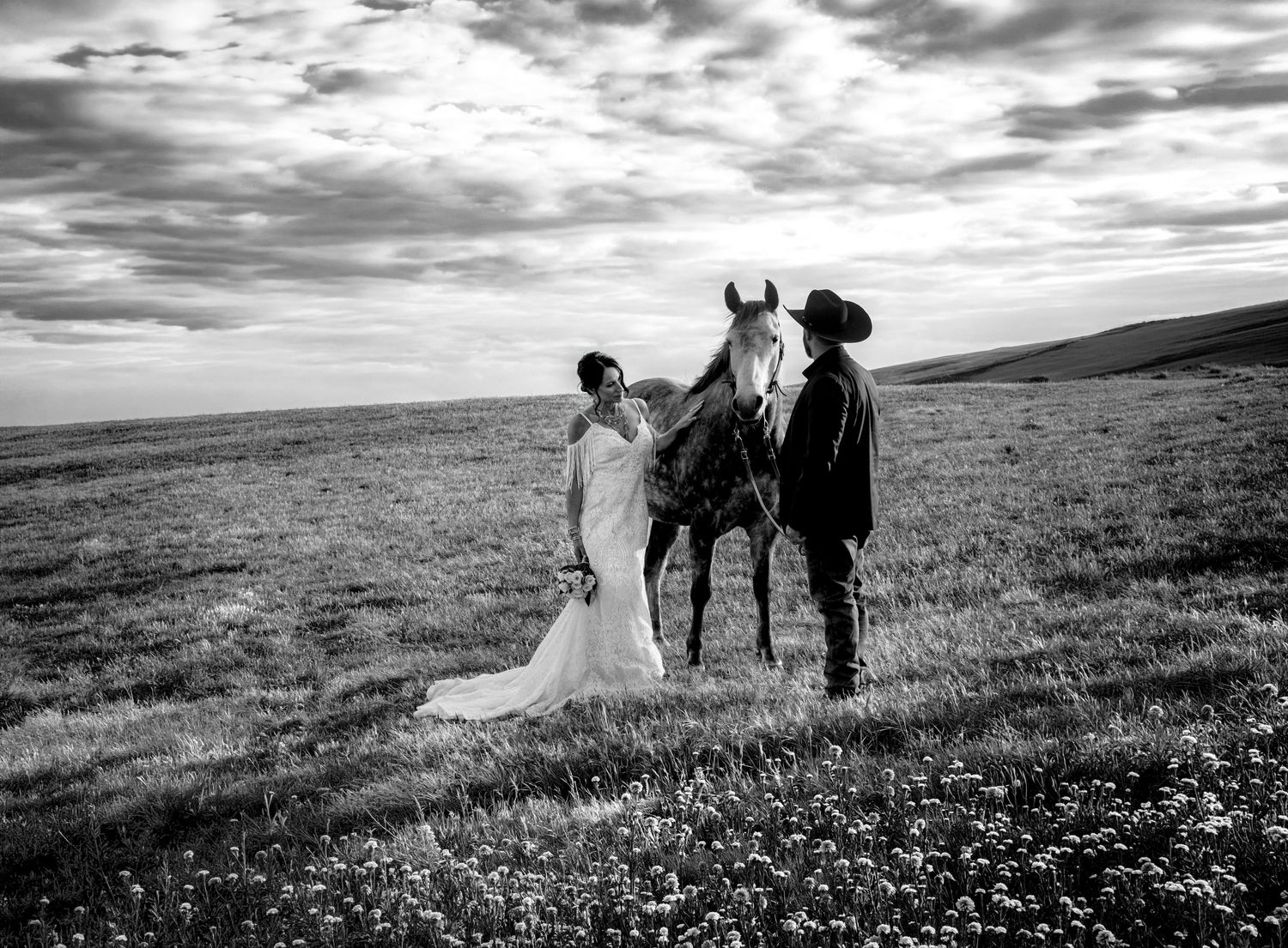 Black and white photo of a bride and groom standing with a horse in an open field under a dramatic cloudy sky.