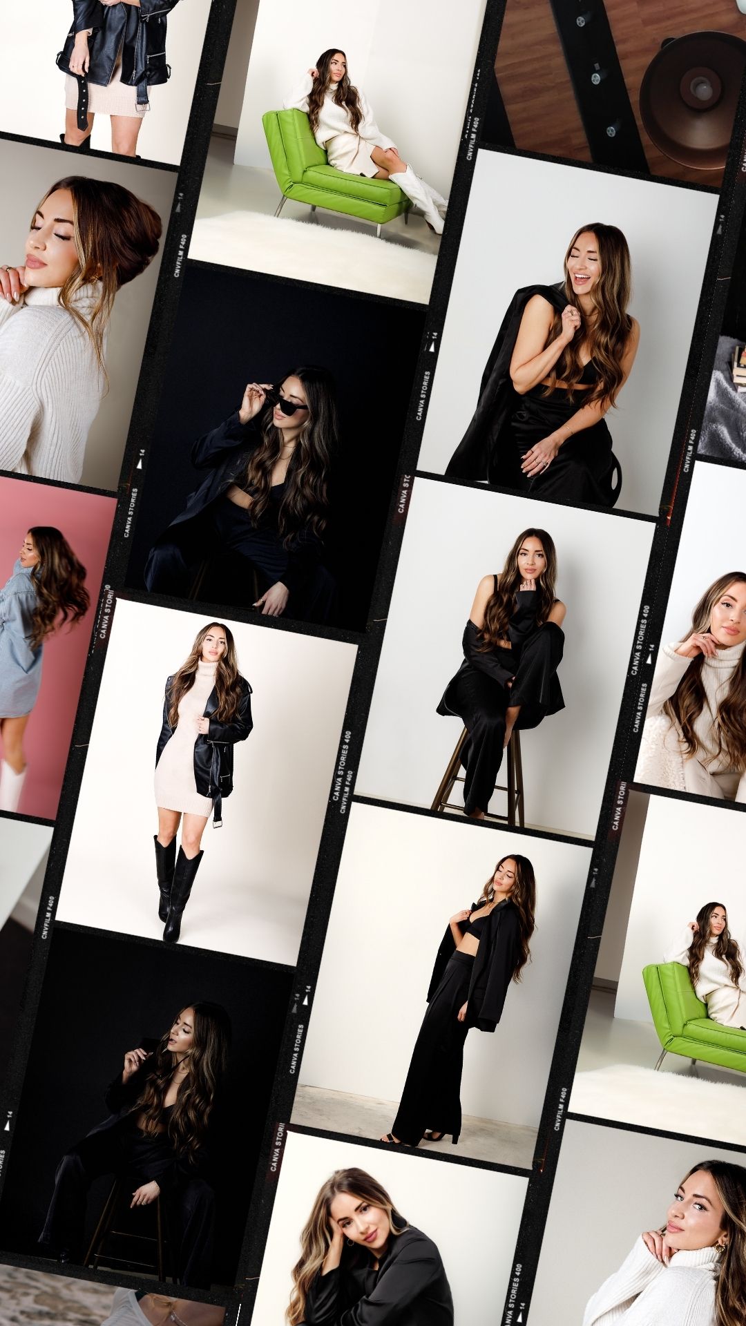 Contact sheet style collection of professional portrait poses in studio setting.