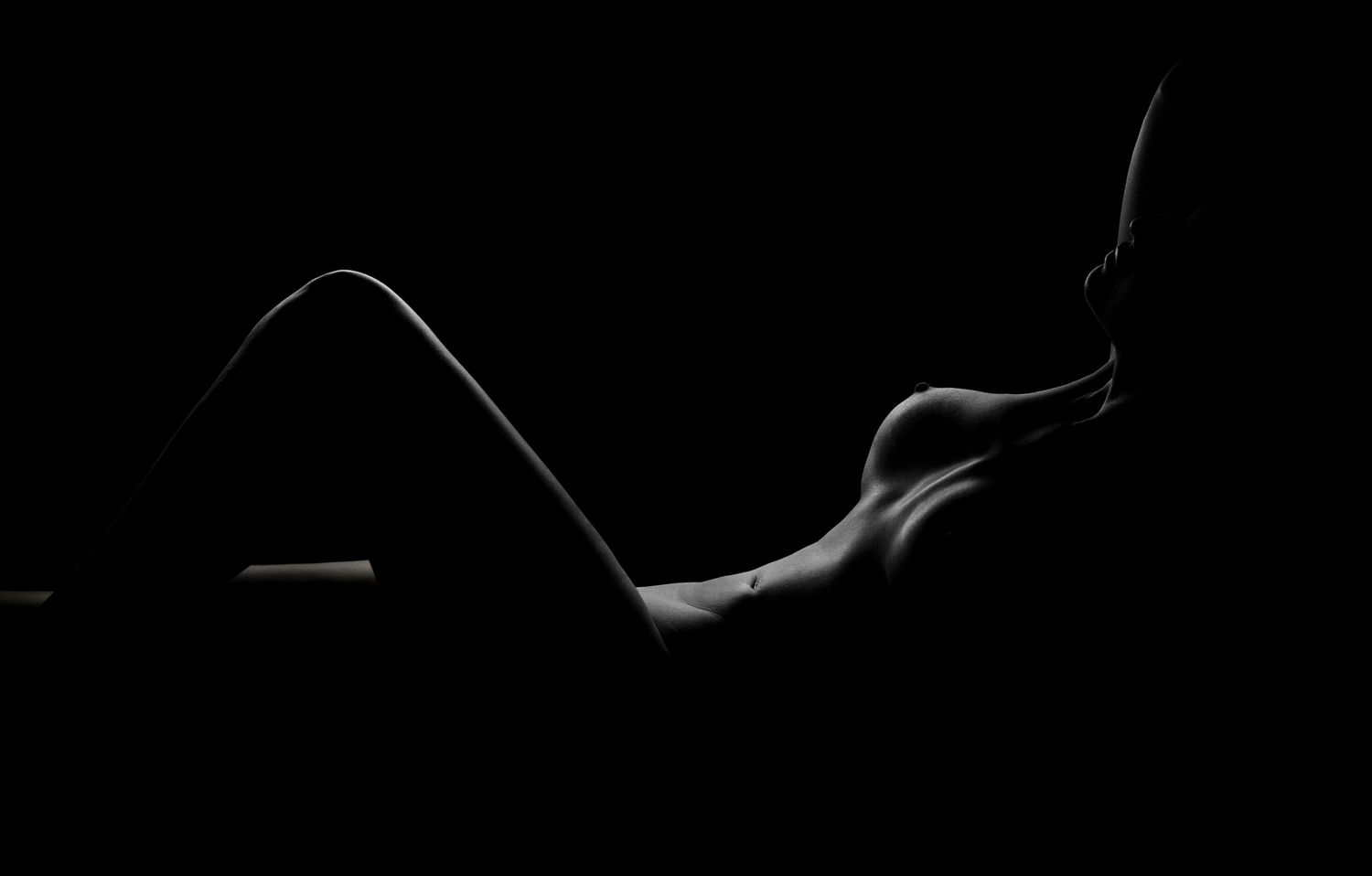 Artistic black and white nude silhouette photograph with dramatic low-key lighting highlighting body curves.