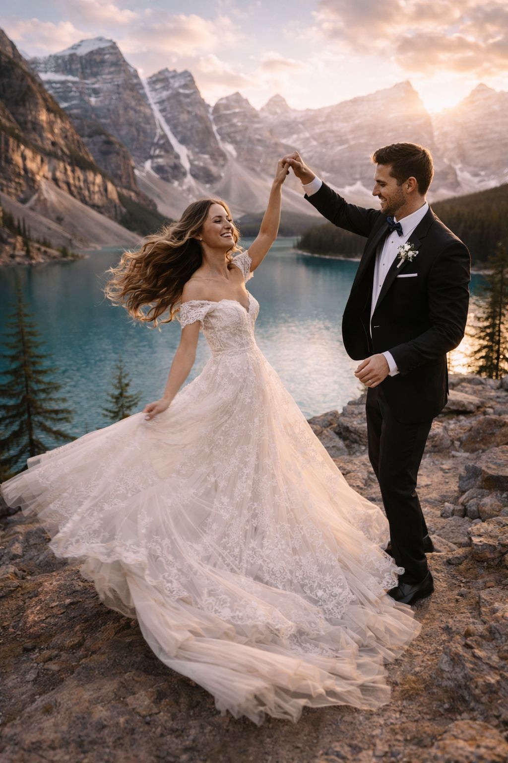 A couple dances joyfully on rocky terrain with mountains and lake in background.