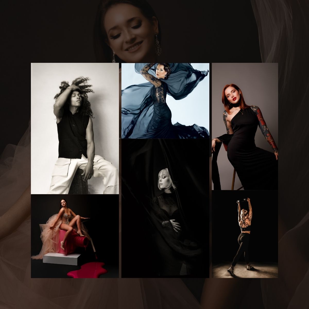 A fashion collage featuring a woman in multiple elegant outfits, including black gowns and a red dress, in artistic poses.