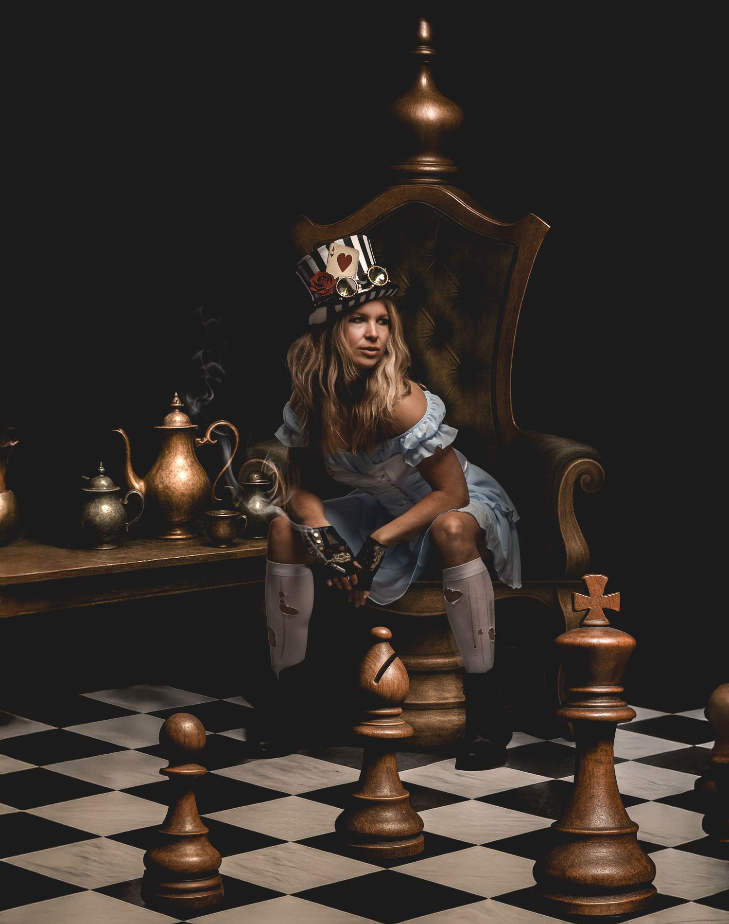 A creative photo series with oversized chess pieces on a checkered floor in dark lighting.