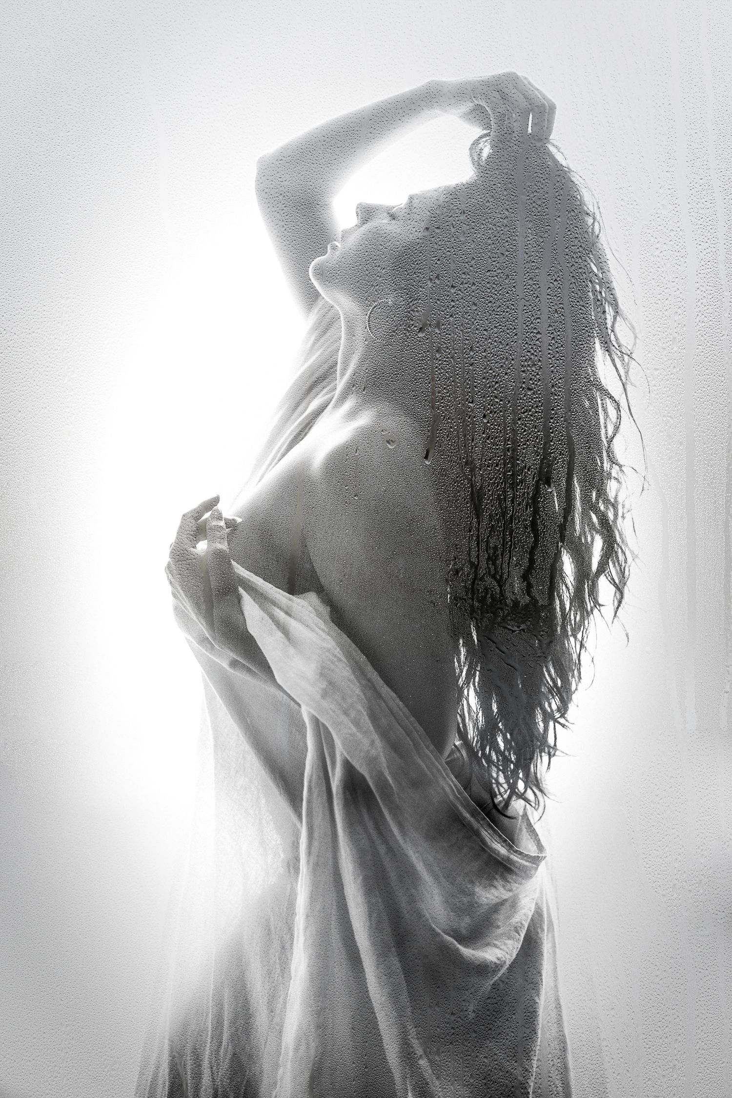 Artistic silhouette series showing figure with wet hair against bright backlight.