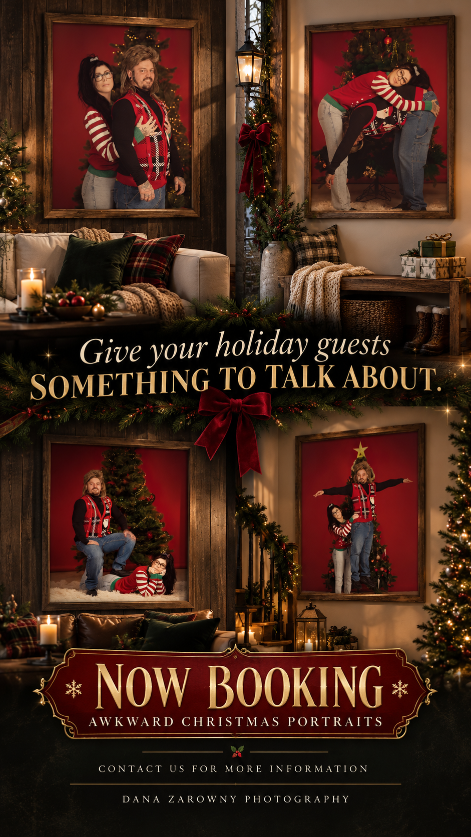 Awkward Christmas portrait promo for Dana Zarowny Photography showing quirky holiday poses in red sweaters, with text reading Now Booking.